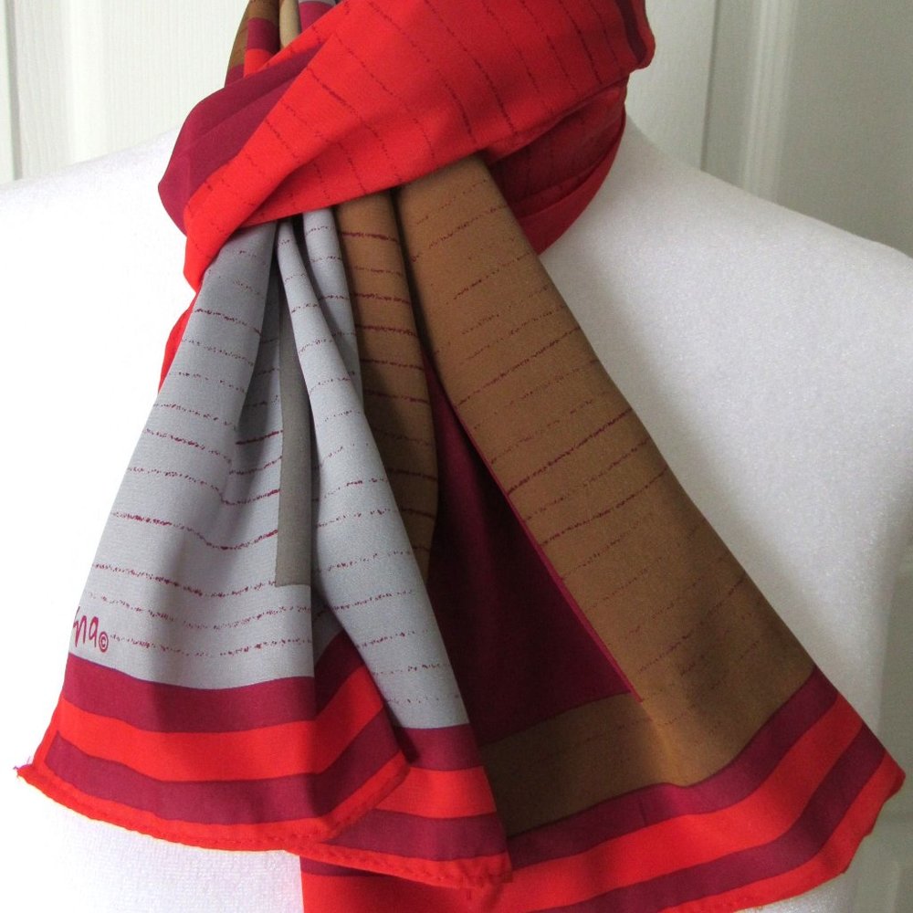 VERA NEUMANN Vintage Scarf Multi Colored Abstract Squares Brown Red Blue